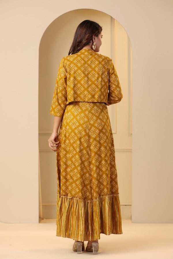 Mustard Geometric Abstract Print Handworked Jacket Flair Gown
