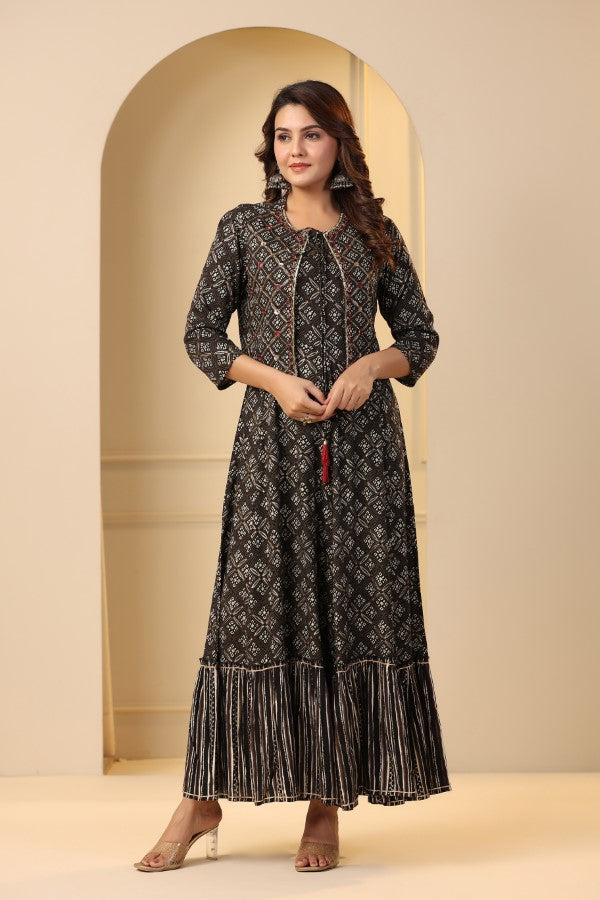 Black Geometric Abstract Print Handworked Jacket Flair Gown
