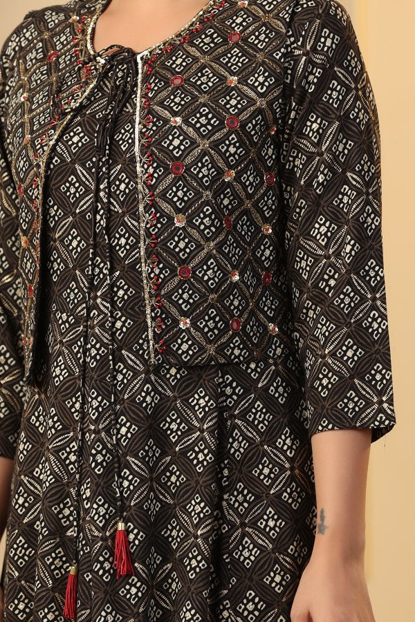 Black Geometric Abstract Print Handworked Jacket Flair Gown
