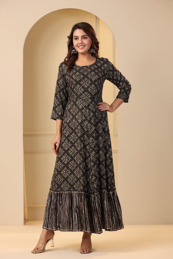 Black Geometric Abstract Print Handworked Jacket Flair Gown