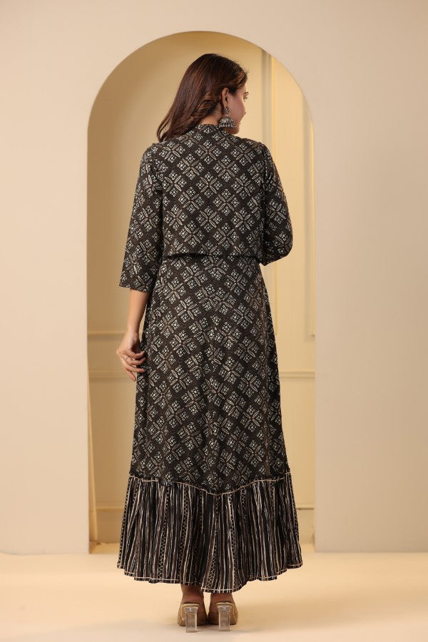 Black Geometric Abstract Print Handworked Jacket Flair Gown