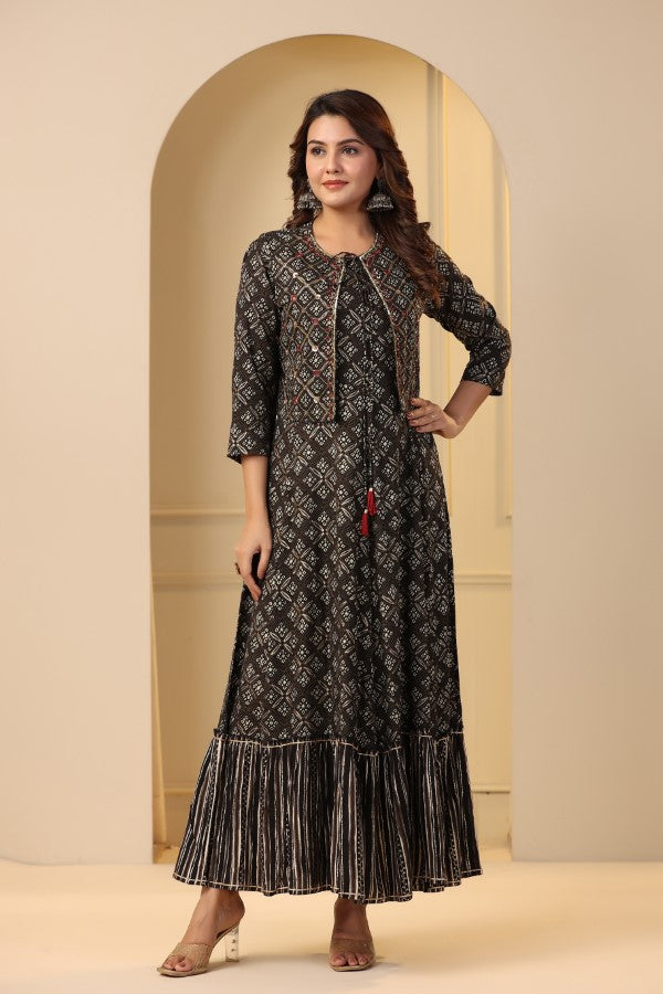 Black Geometric Abstract Print Handworked Jacket Flair Gown