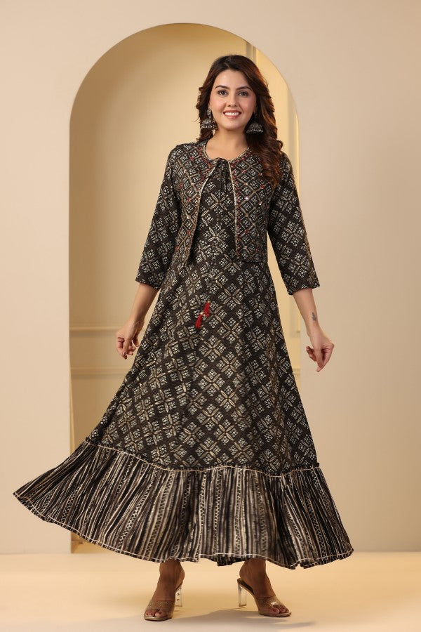 Black Geometric Abstract Print Handworked Jacket Flair Gown