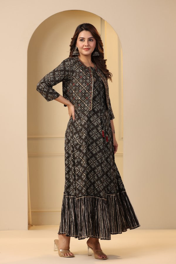 Black Geometric Abstract Print Handworked Jacket Flair Gown