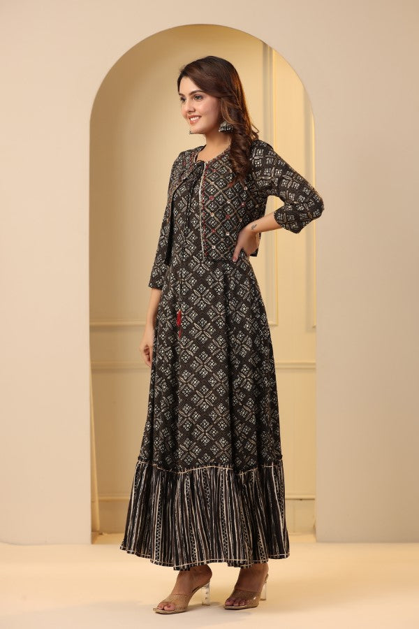 Black Geometric Abstract Print Handworked Jacket Flair Gown