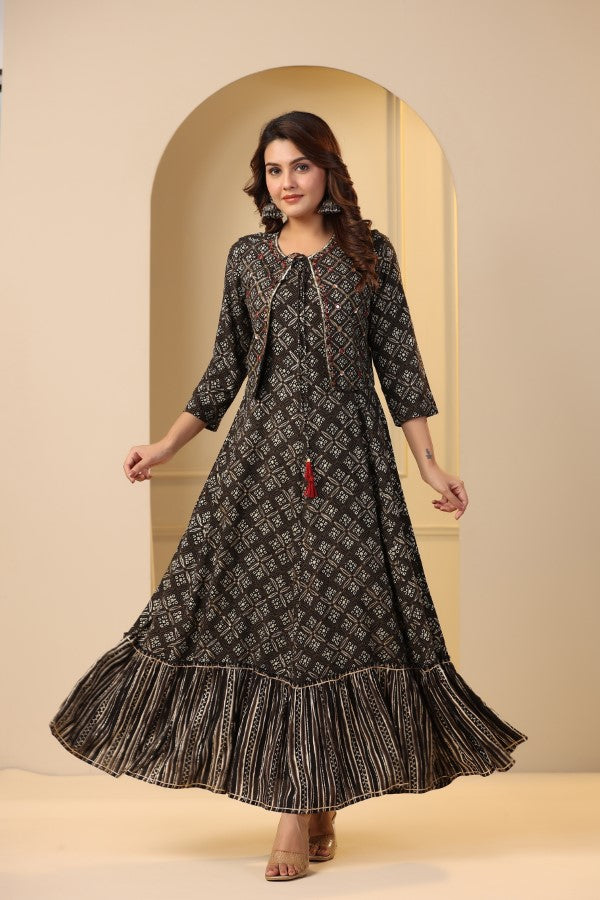 Black Geometric Abstract Print Handworked Jacket Flair Gown