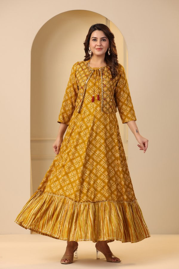 Mustard Geometric Abstract Print Handworked Jacket Flair Gown