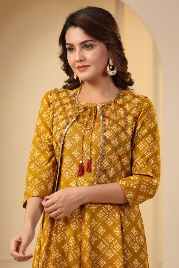 Mustard Geometric Abstract Print Handworked Jacket Flair Gown