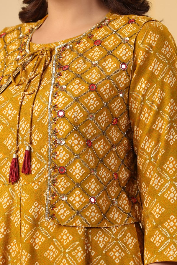 Mustard Geometric Abstract Print Handworked Jacket Flair Gown