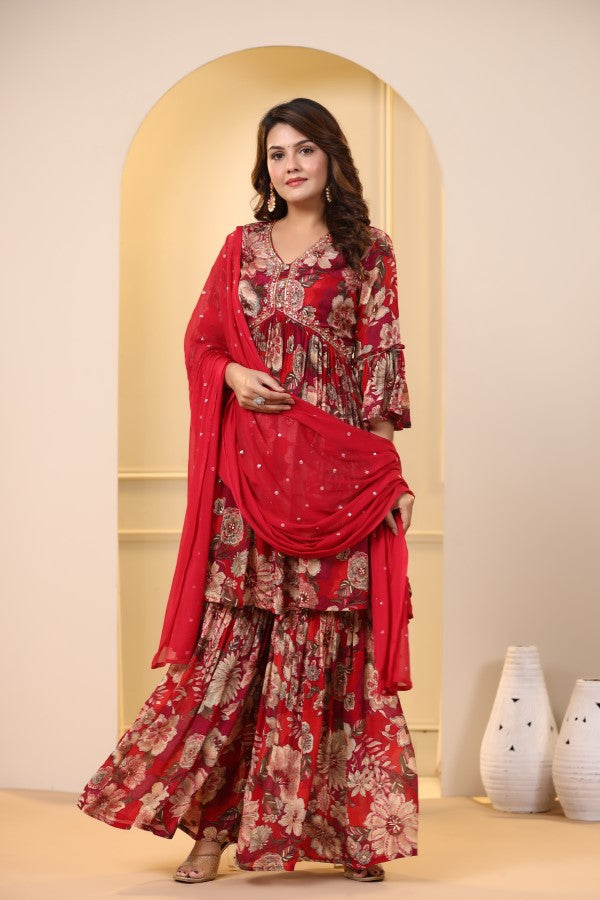 Red Floral Handworked Sharara Set