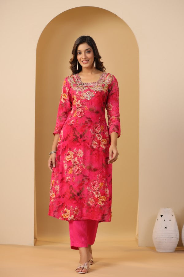 Rani Pink Floral Embroidered and Handworked Straight-Cut Kurta Set