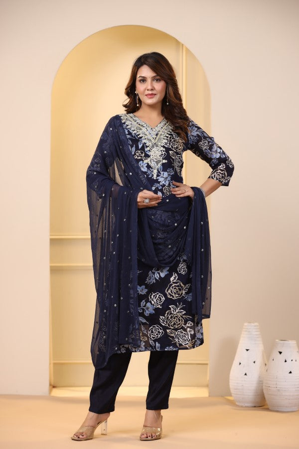 Blue Floral Embroidered and Handworked Straight-Cut Kurta Set