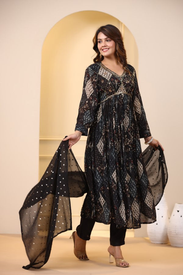 Black Ikkat Print Handworked Alia-Cut Kurta Suit Set