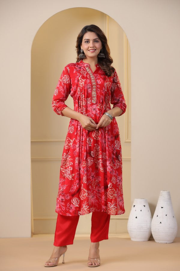 Red Floral Handworked Straight-Cut Kurta Set