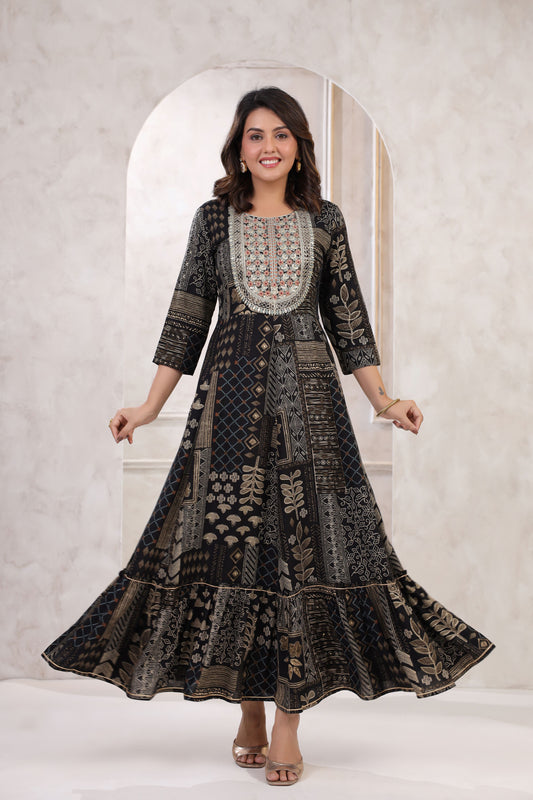 Black Embroidery Flair Gown