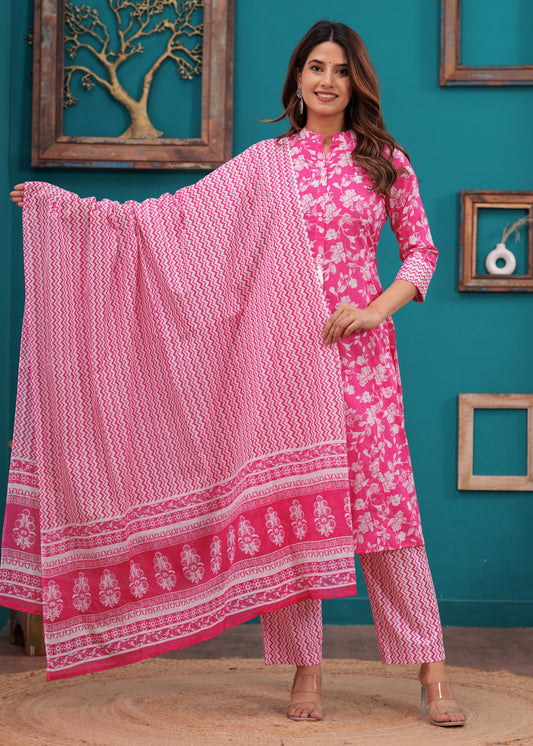 Bright Pink A-Line 3-Pcs Suit Set