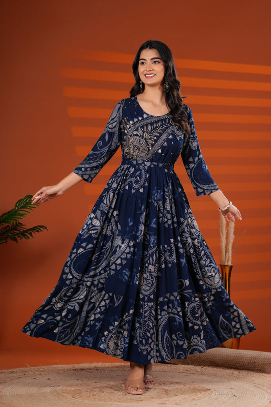 Prussian Blue Shahi Buta Handwork Gown