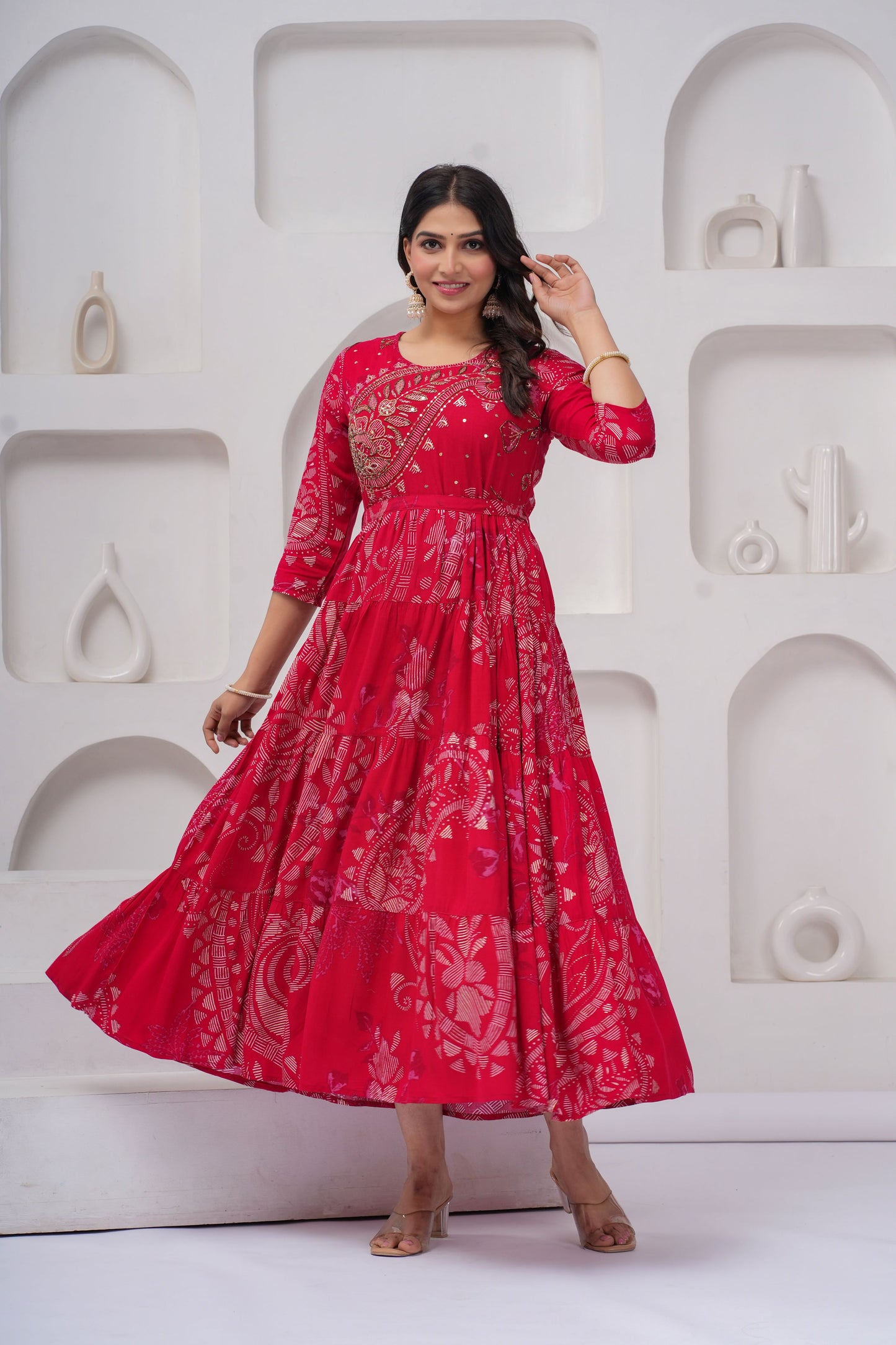 Cherry Red Shahi Buta Handwork Gown