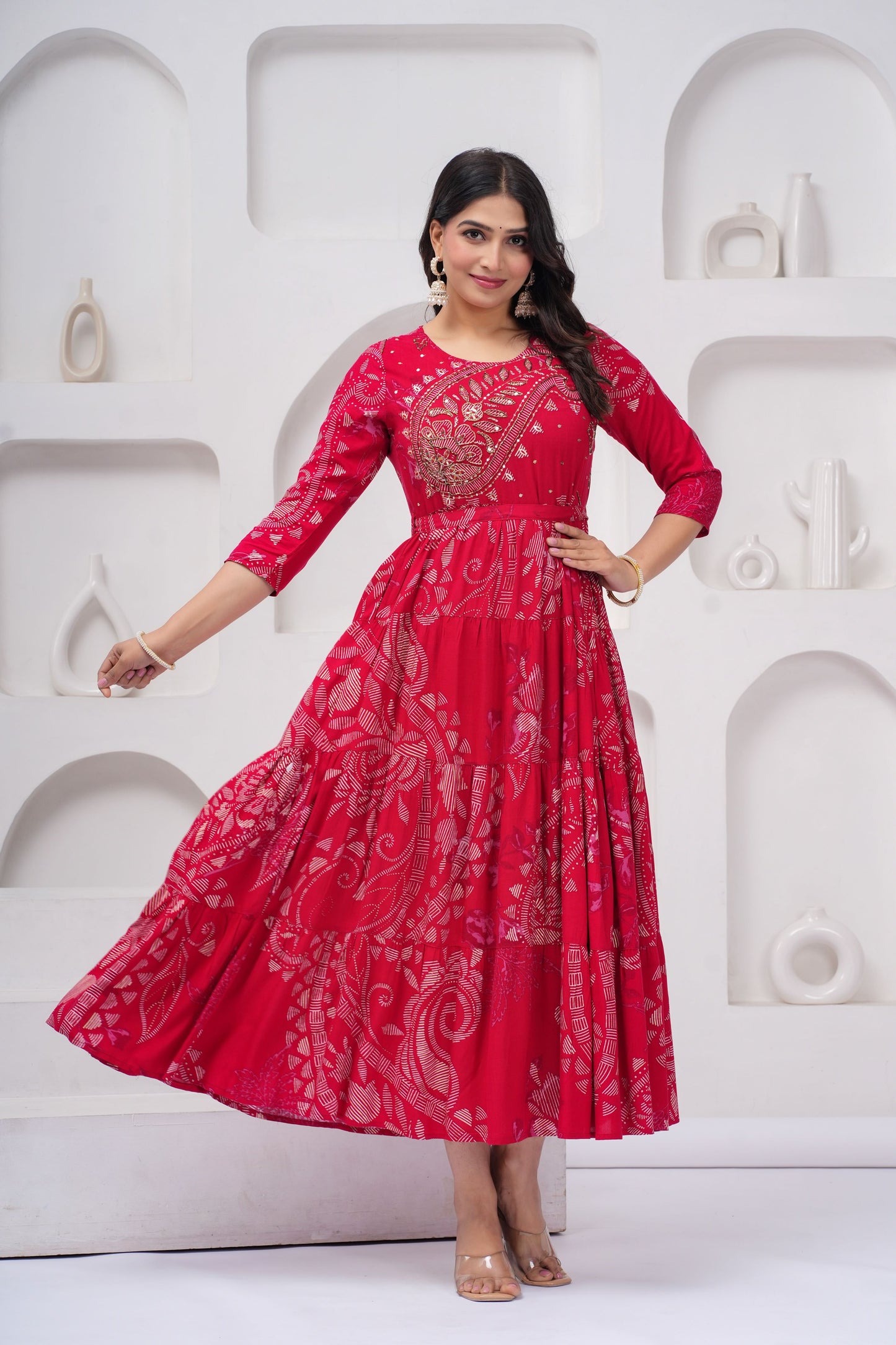 Cherry Red Shahi Buta Handwork Gown