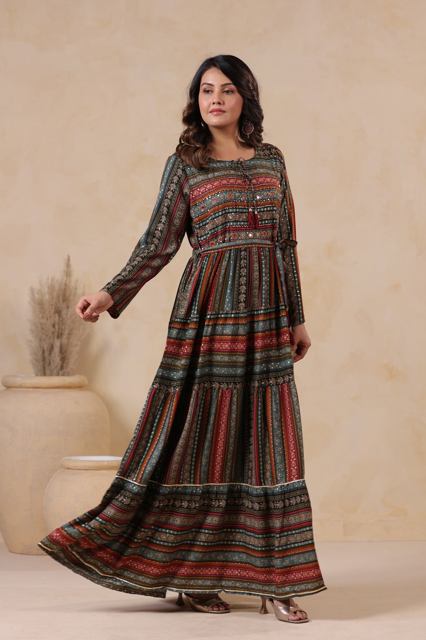 Slate Grey Stripe Handwork Flair Gown