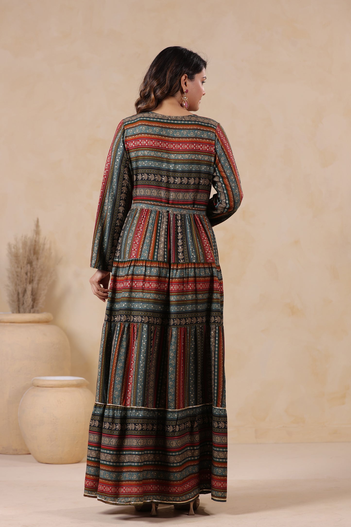 Slate Grey Stripe Handwork Flair Gown