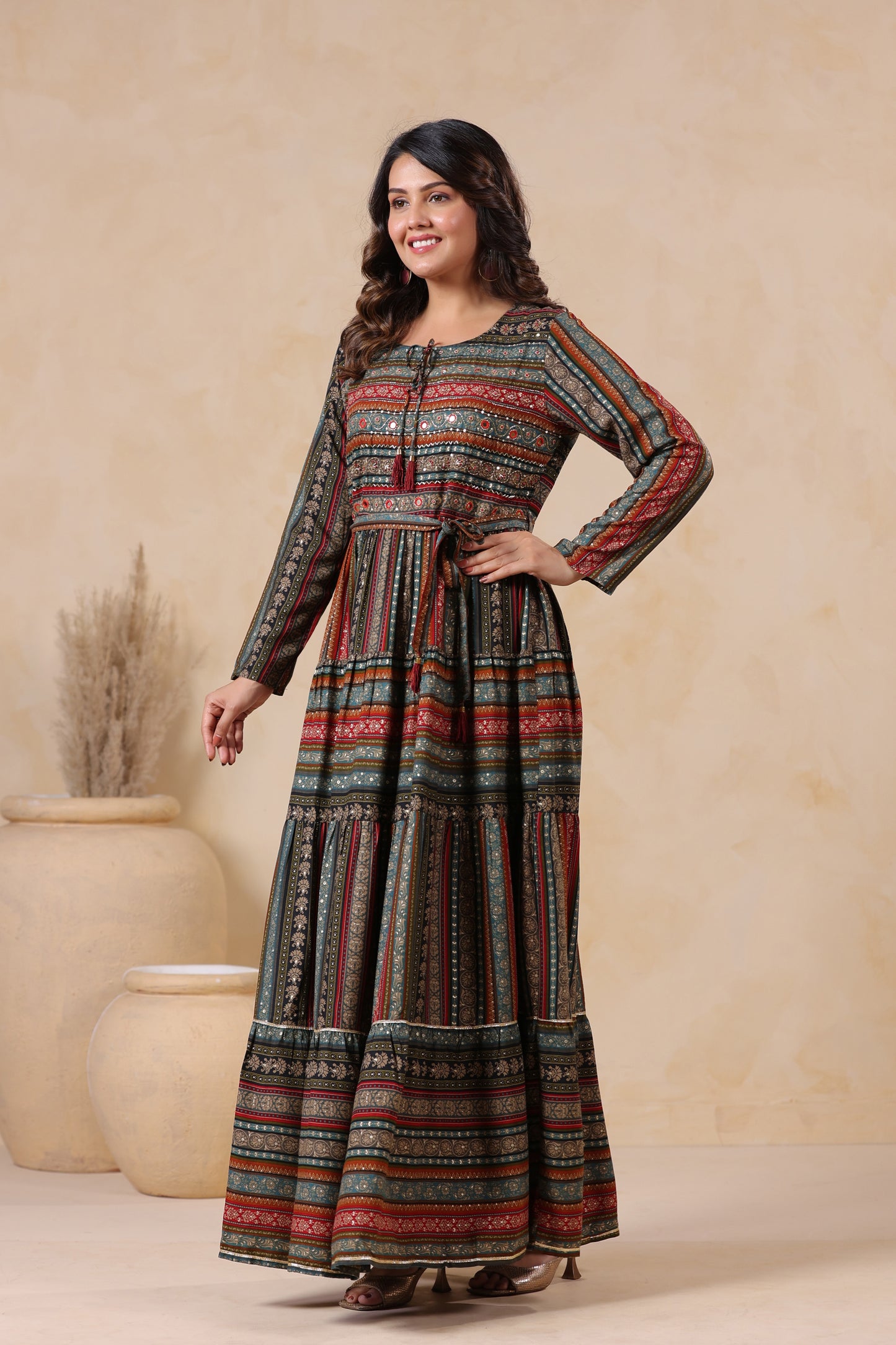 Slate Grey Stripe Handwork Flair Gown