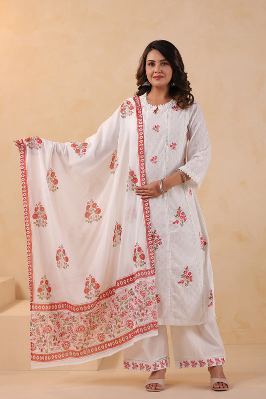 Titan White Floral Embroidered Cotton A-Line 3-Pcs Suit