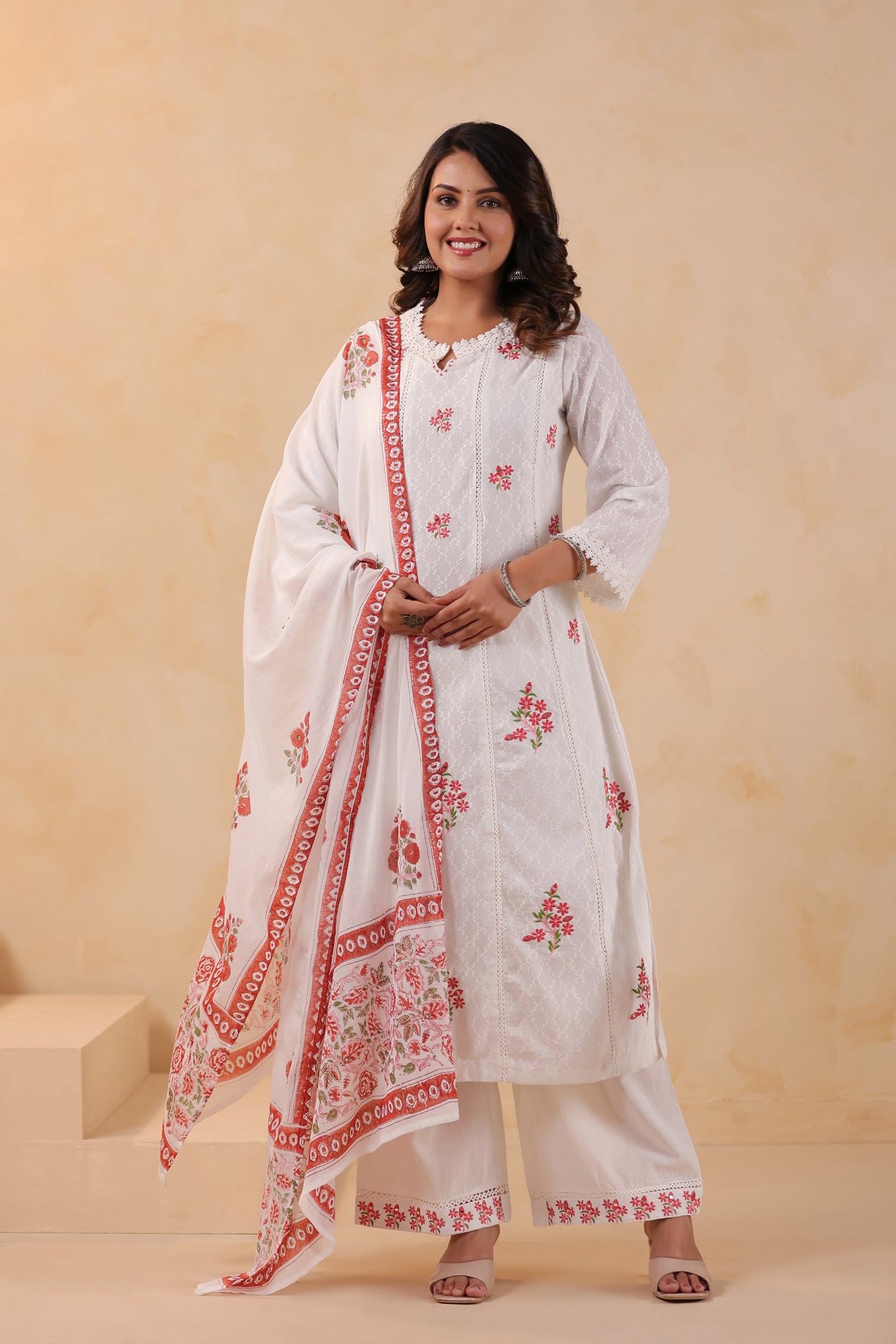 Titan White Floral Embroidered Cotton A-Line 3-Pcs Suit