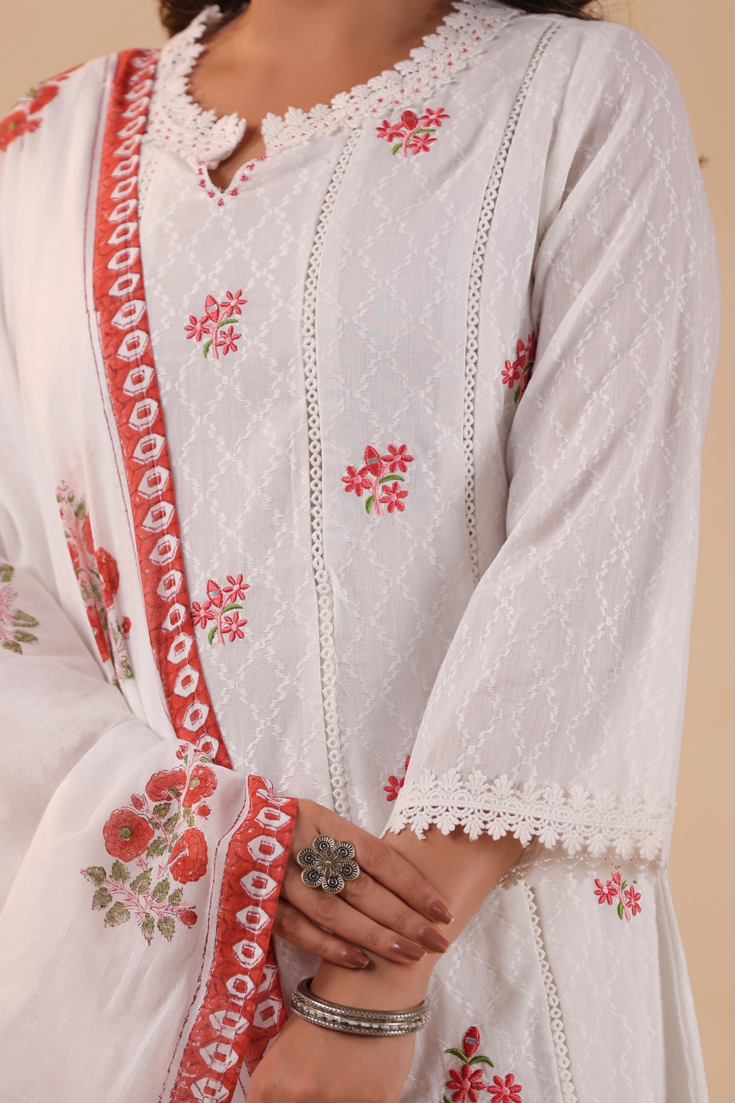 Titan White Floral Embroidered Cotton A-Line 3-Pcs Suit