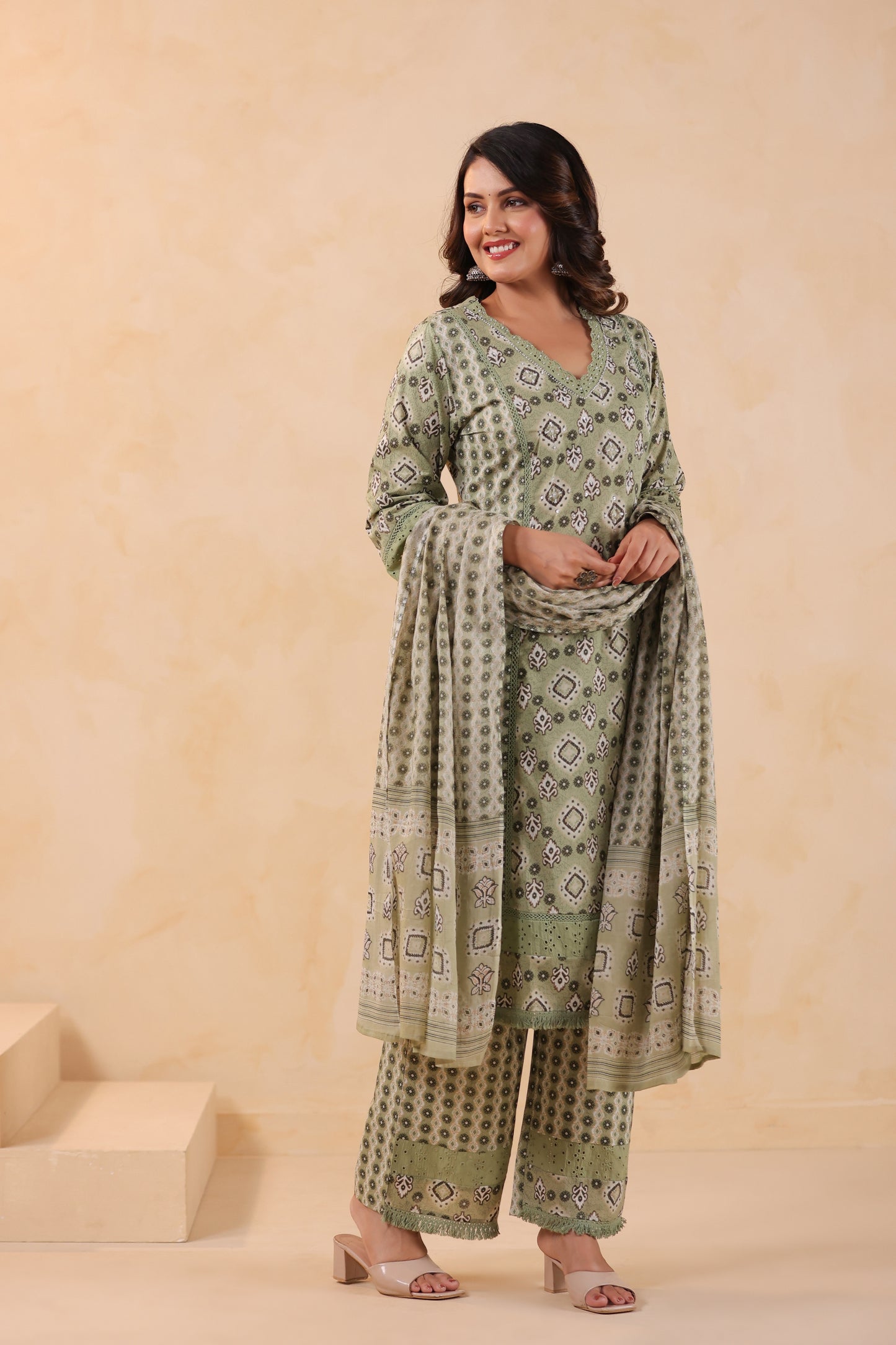 Pistachio A-Line Cotton Handwork 3-Pcs Suit Set