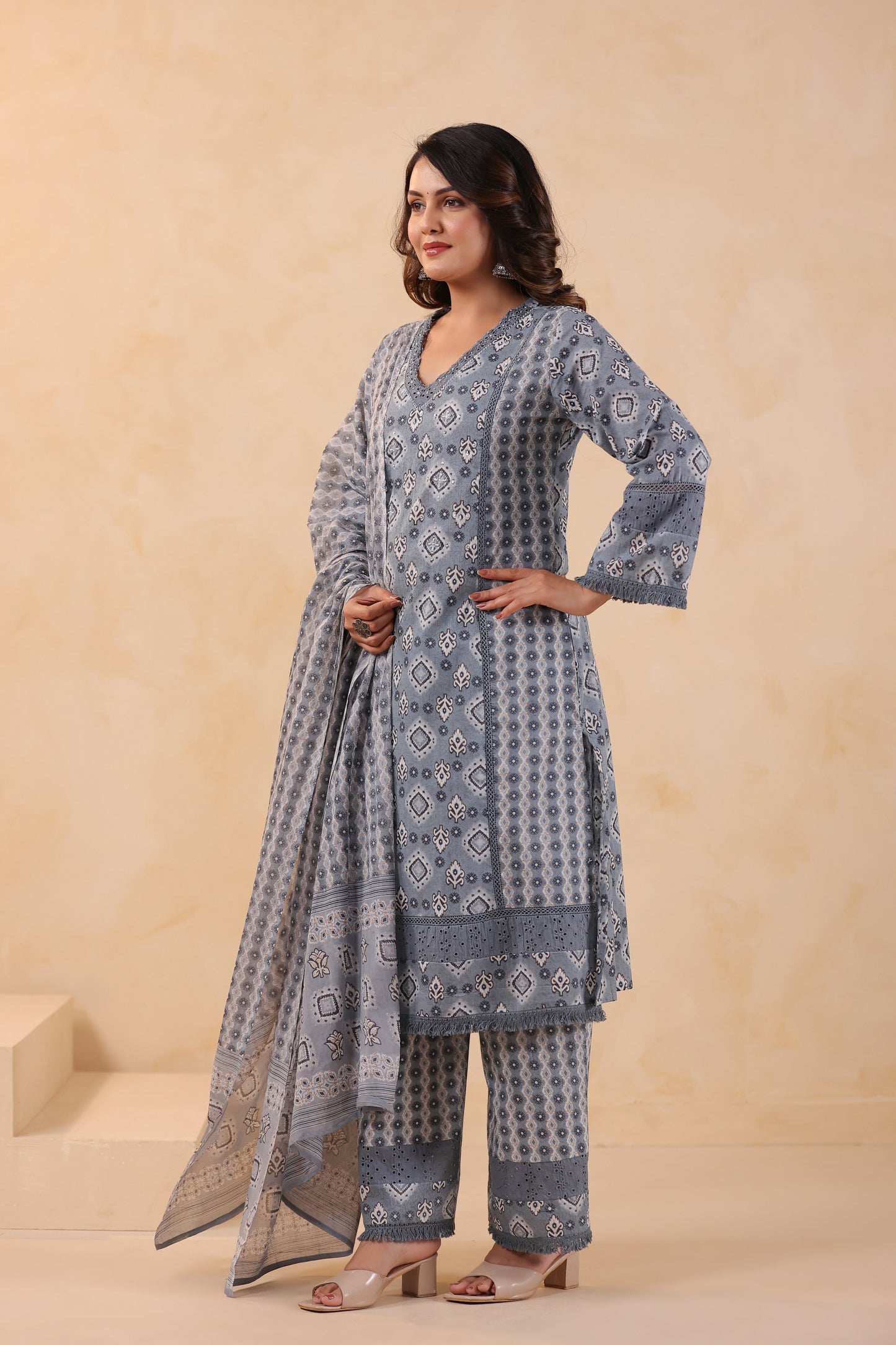 Rhythm A-Line Cotton Handwork 3-Pcs Suit Set