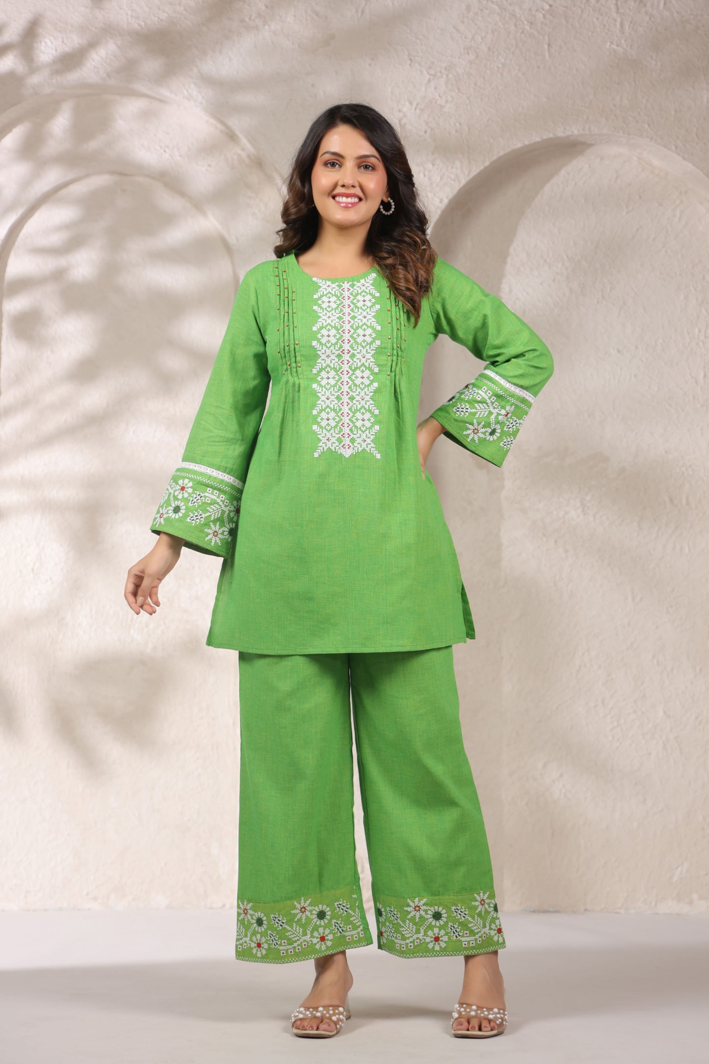 Neon Green Pleated Handwork Co-ord Set