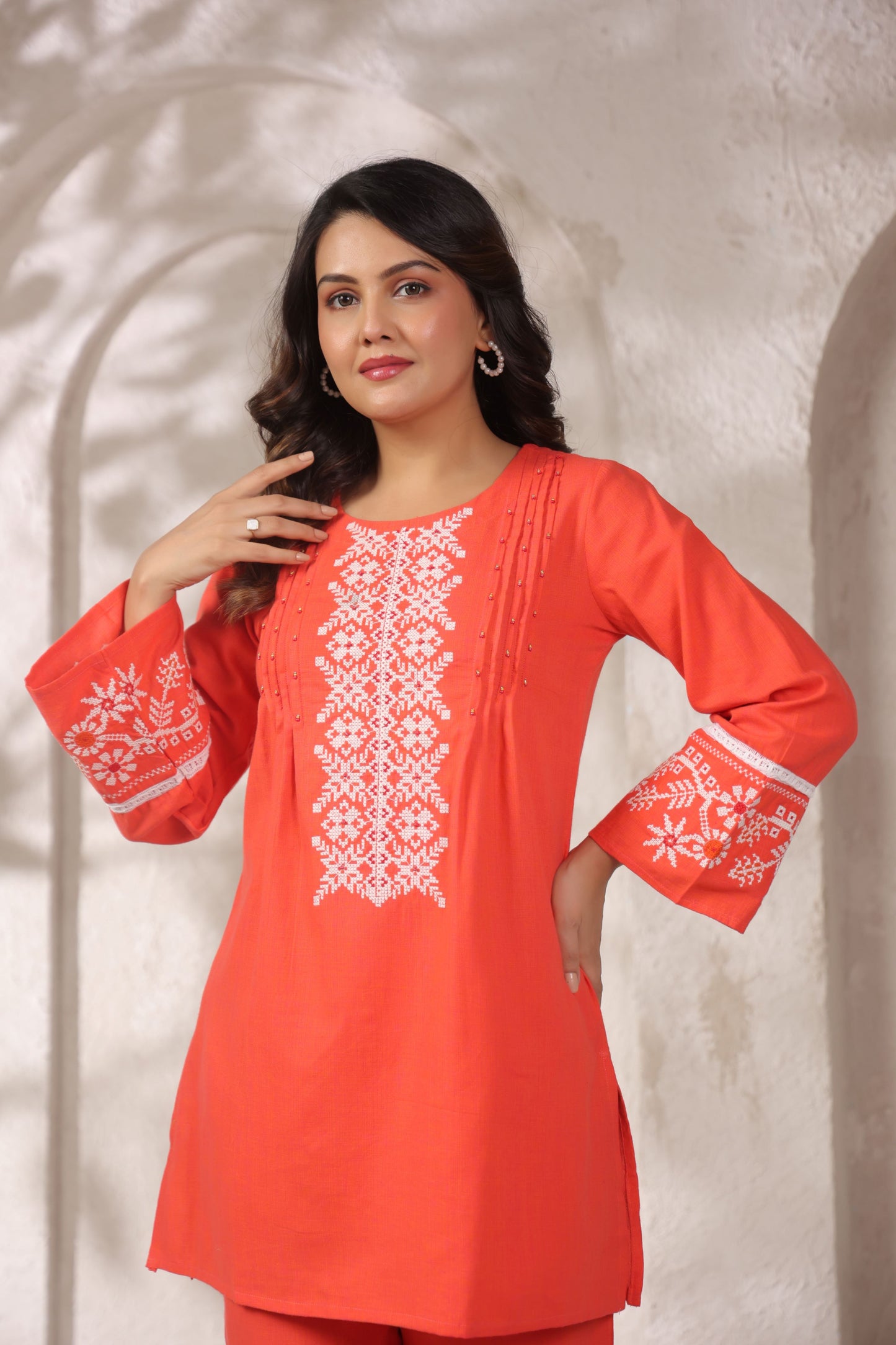 Tangerine Pleated Handwork Co-ord Set