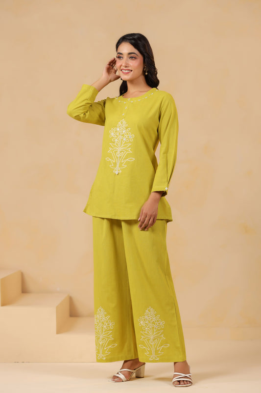 Yellow Green Embroidery Co-ord Set