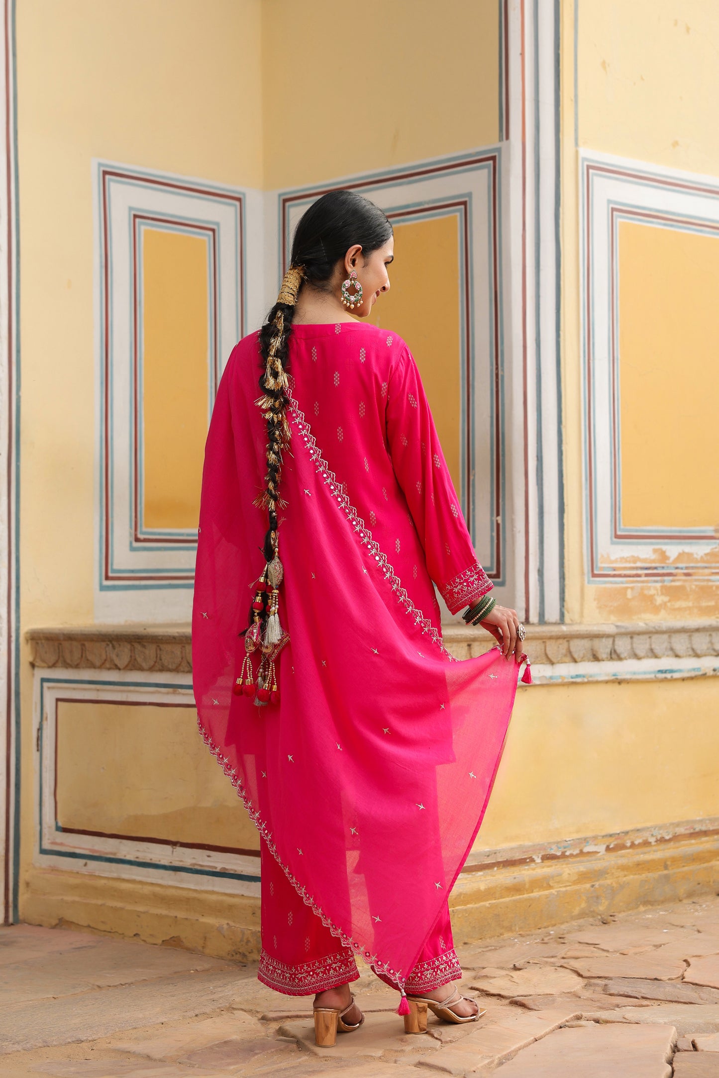 Fuchsia Pink Embroidery 3-Pcs Suit Set