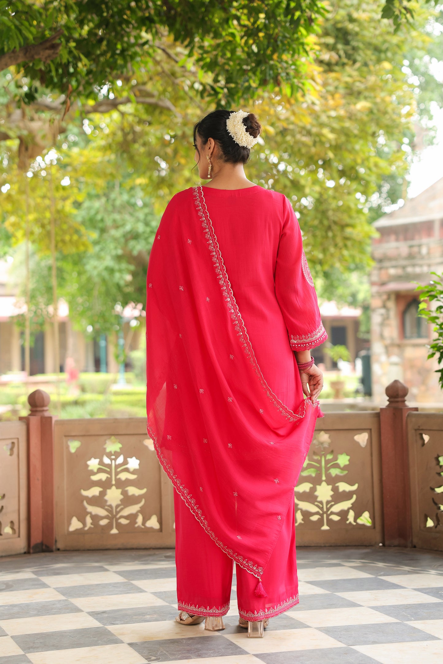 Fuchsia Pink Embroidery 3-Pcs Suit Set