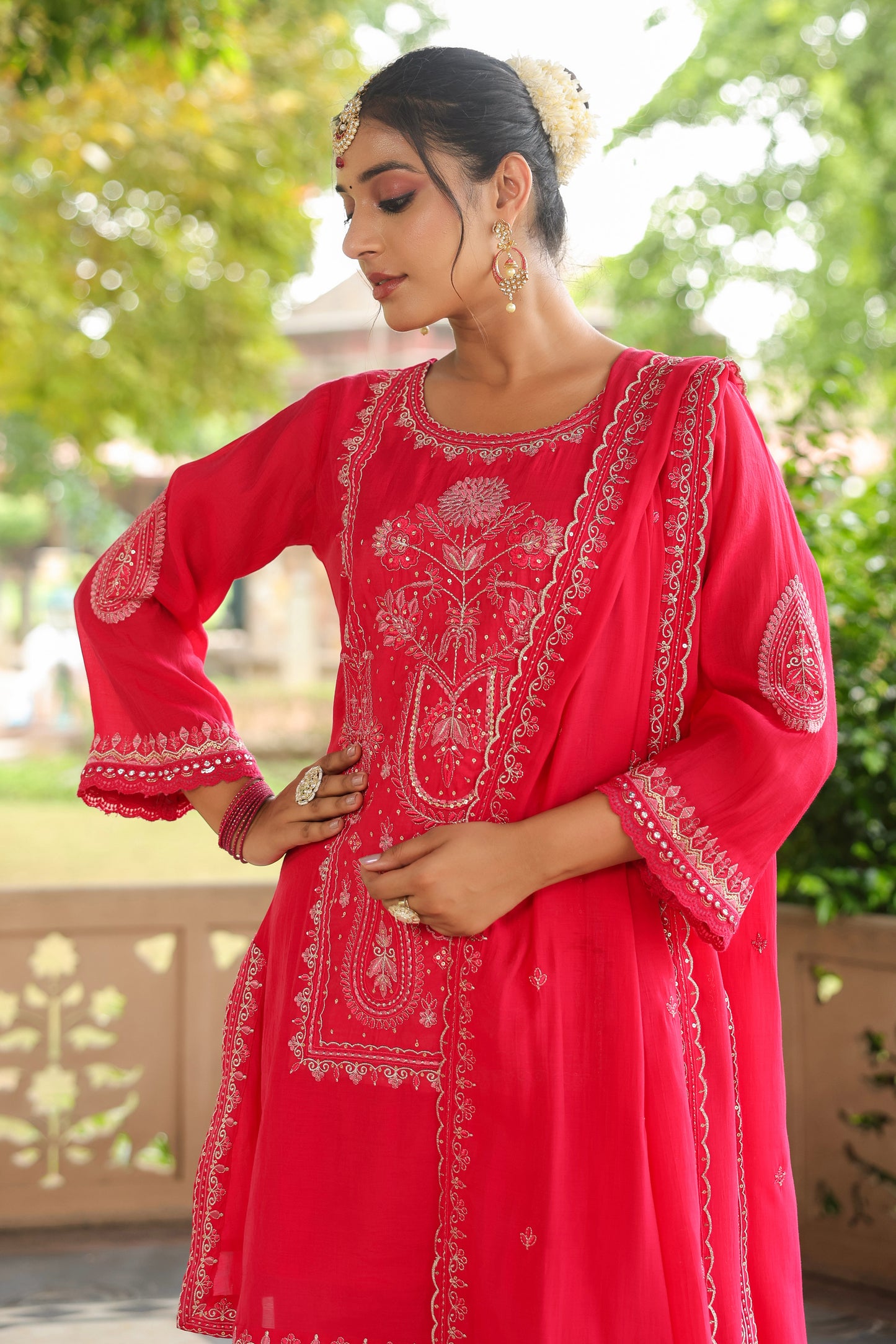 Fuchsia Pink Embroidery 3-Pcs Suit Set