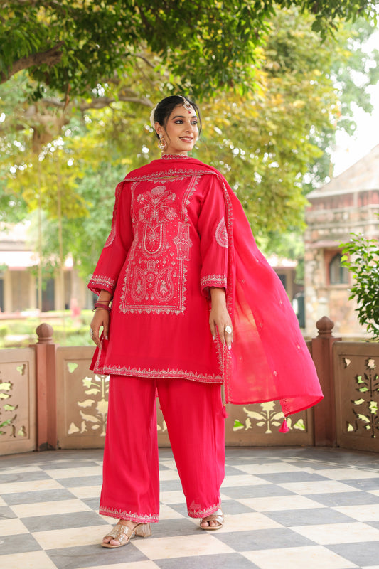 Fuchsia Pink Embroidery 3-Pcs Suit Set