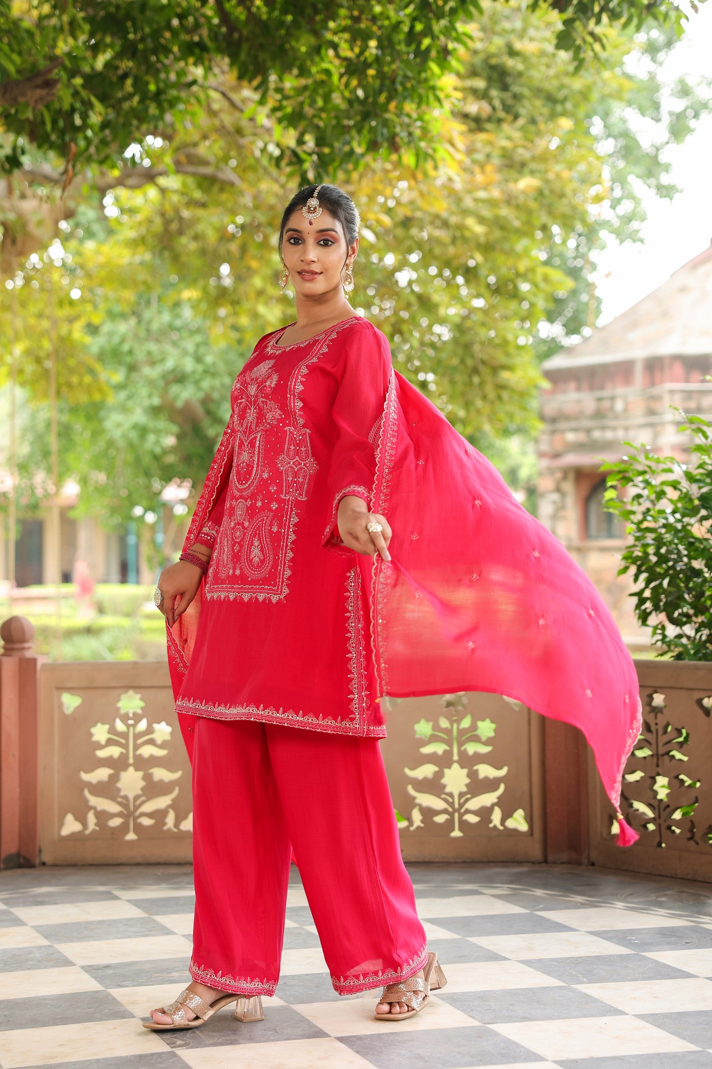 Fuchsia Pink Embroidery 3-Pcs Suit Set