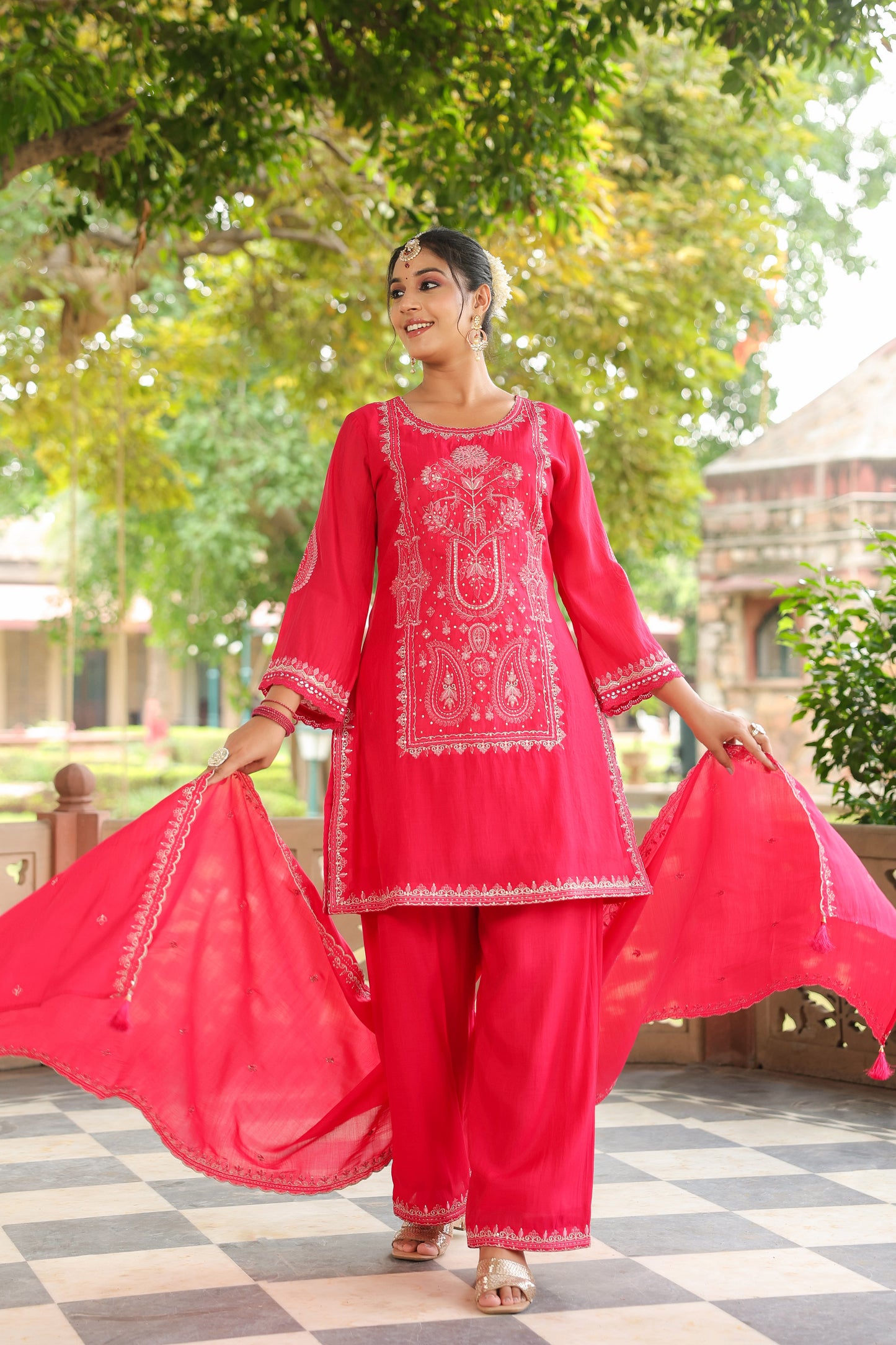 Fuchsia Pink Embroidery 3-Pcs Suit Set