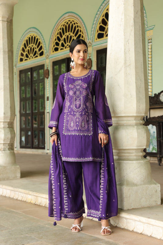 Cadbury Purple Embroidery 3-Pcs Suit Set