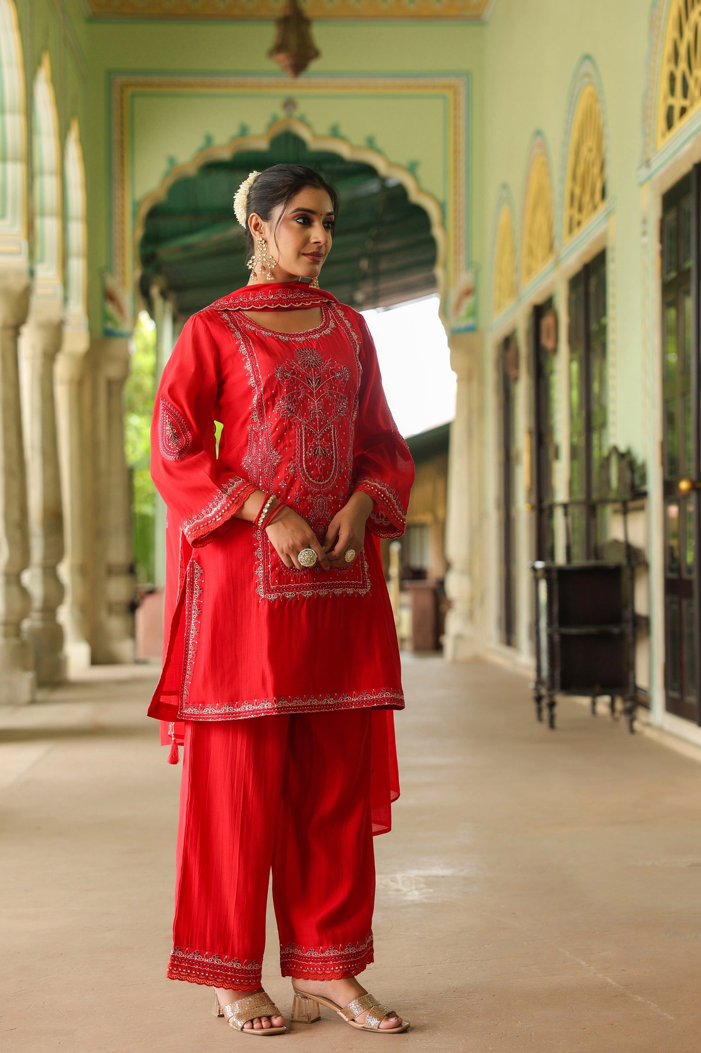 Ruby Red Embroidery 3-Pcs Suit Set