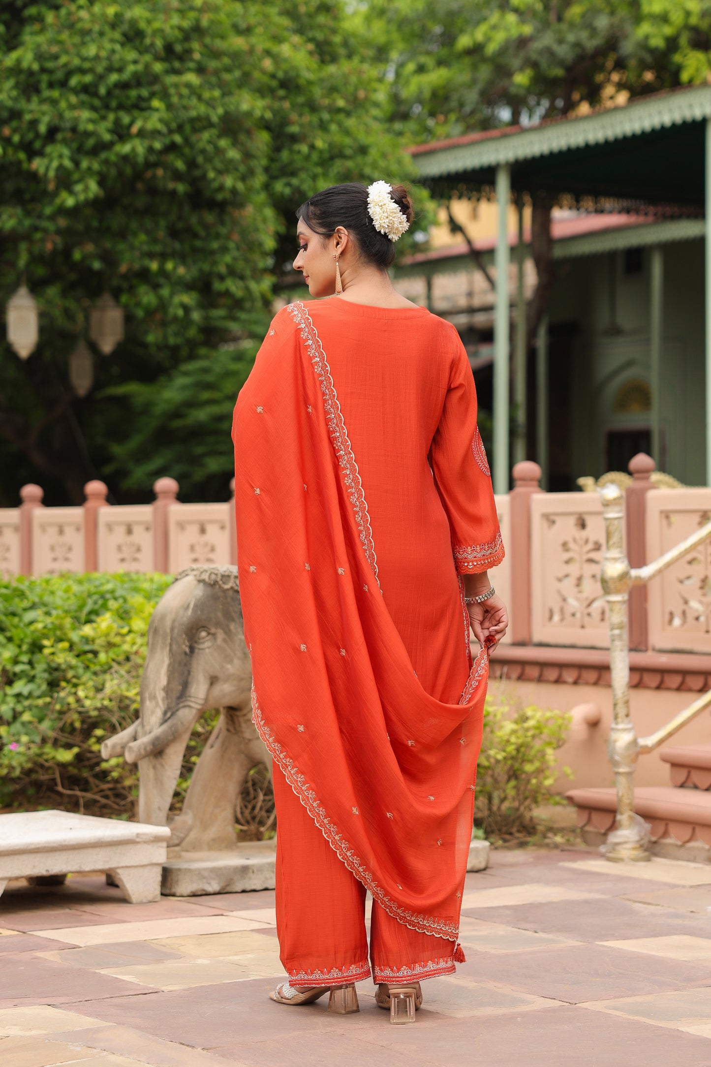 Rust Orange Embroidery 3-Pcs Suit Set