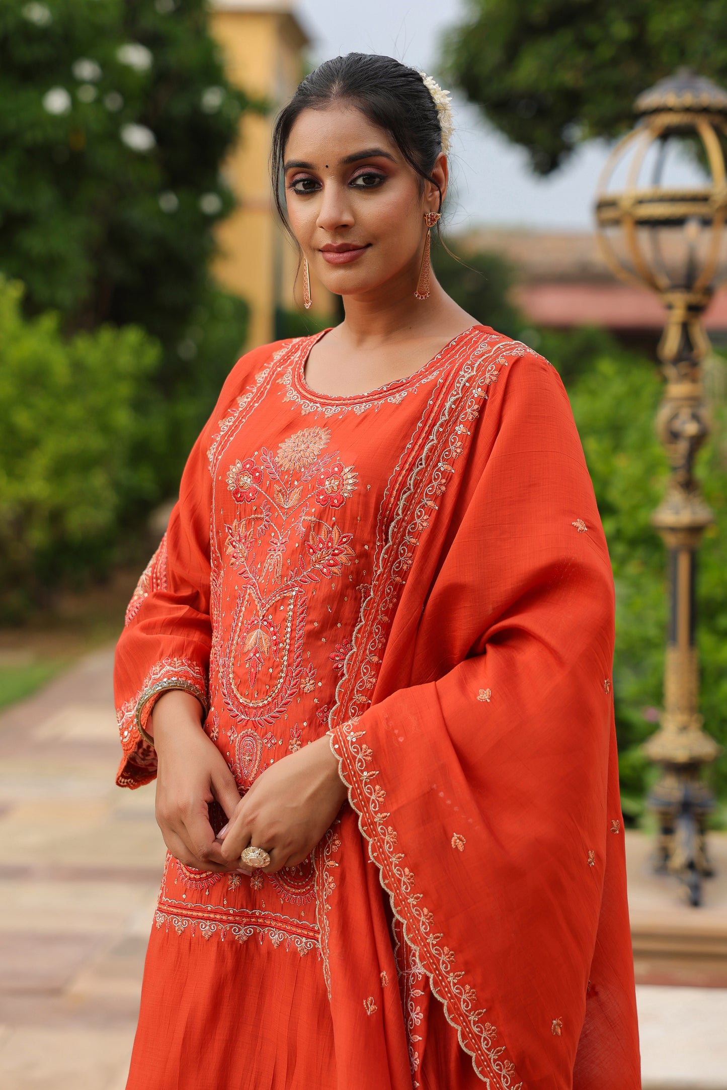 Rust Orange Embroidery 3-Pcs Suit Set