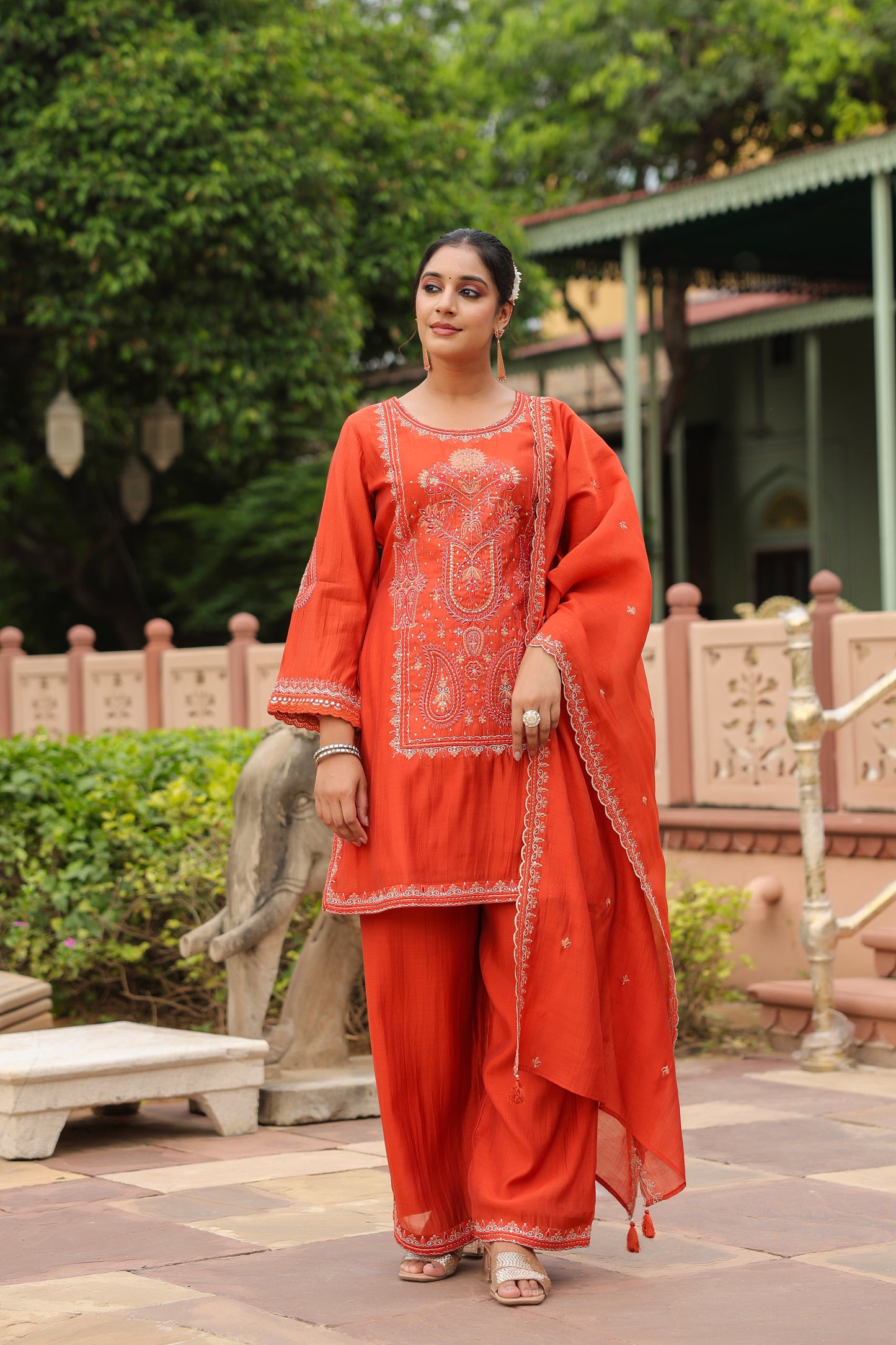 Rust Orange Embroidery 3-Pcs Suit Set