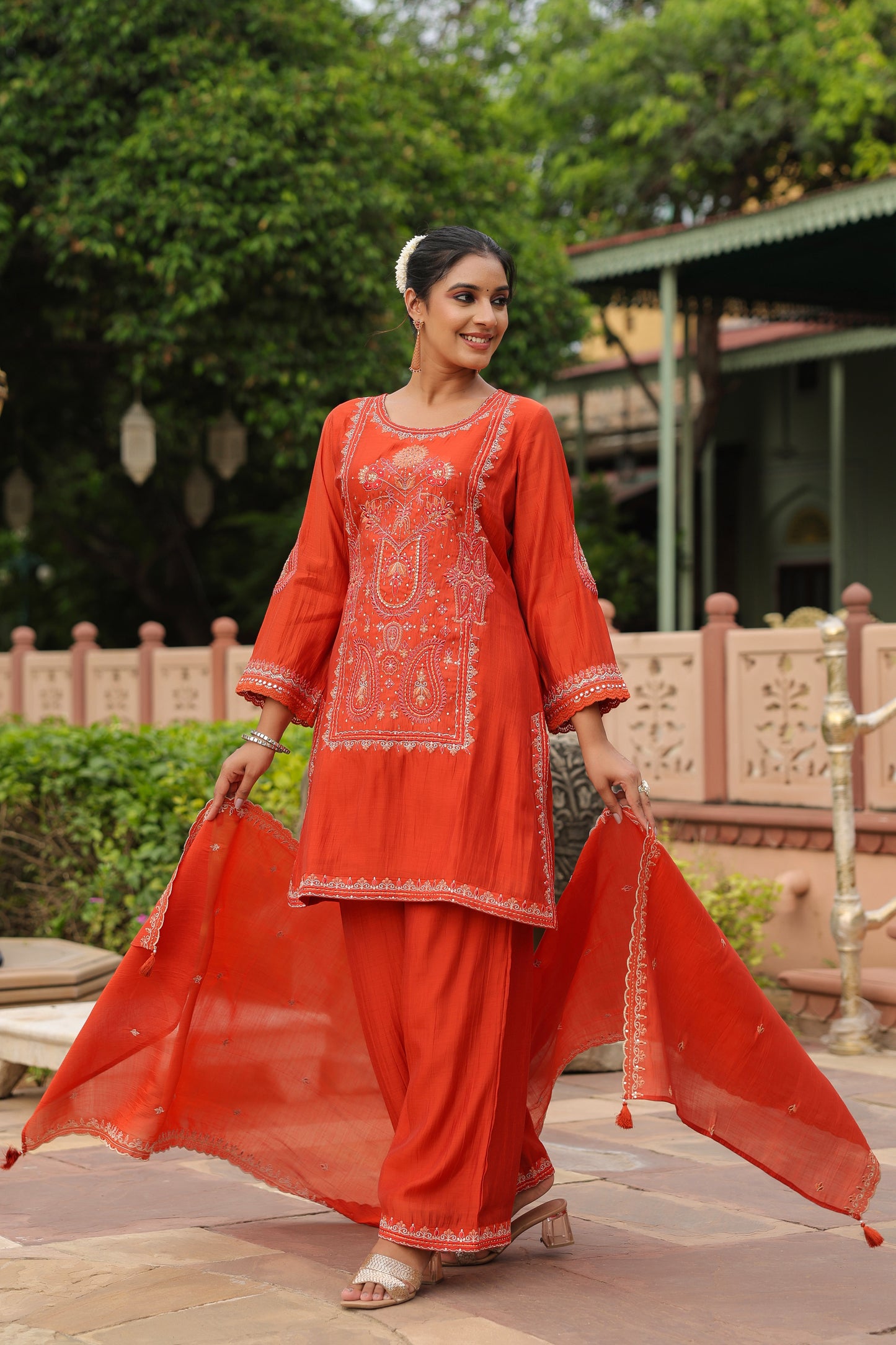 Rust Orange Embroidery 3-Pcs Suit Set