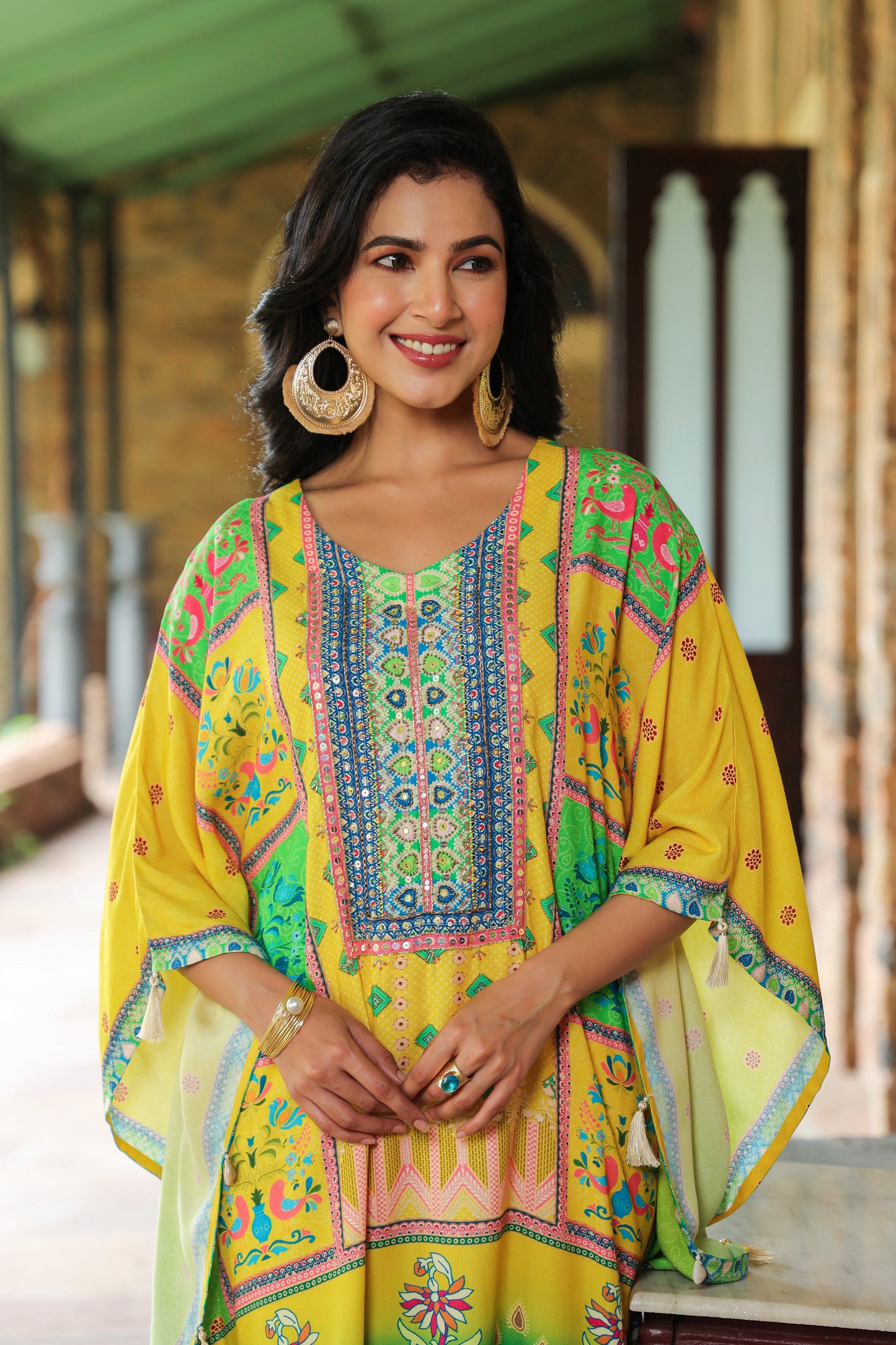 Yellow Green Digital Handwork Kaftan Set