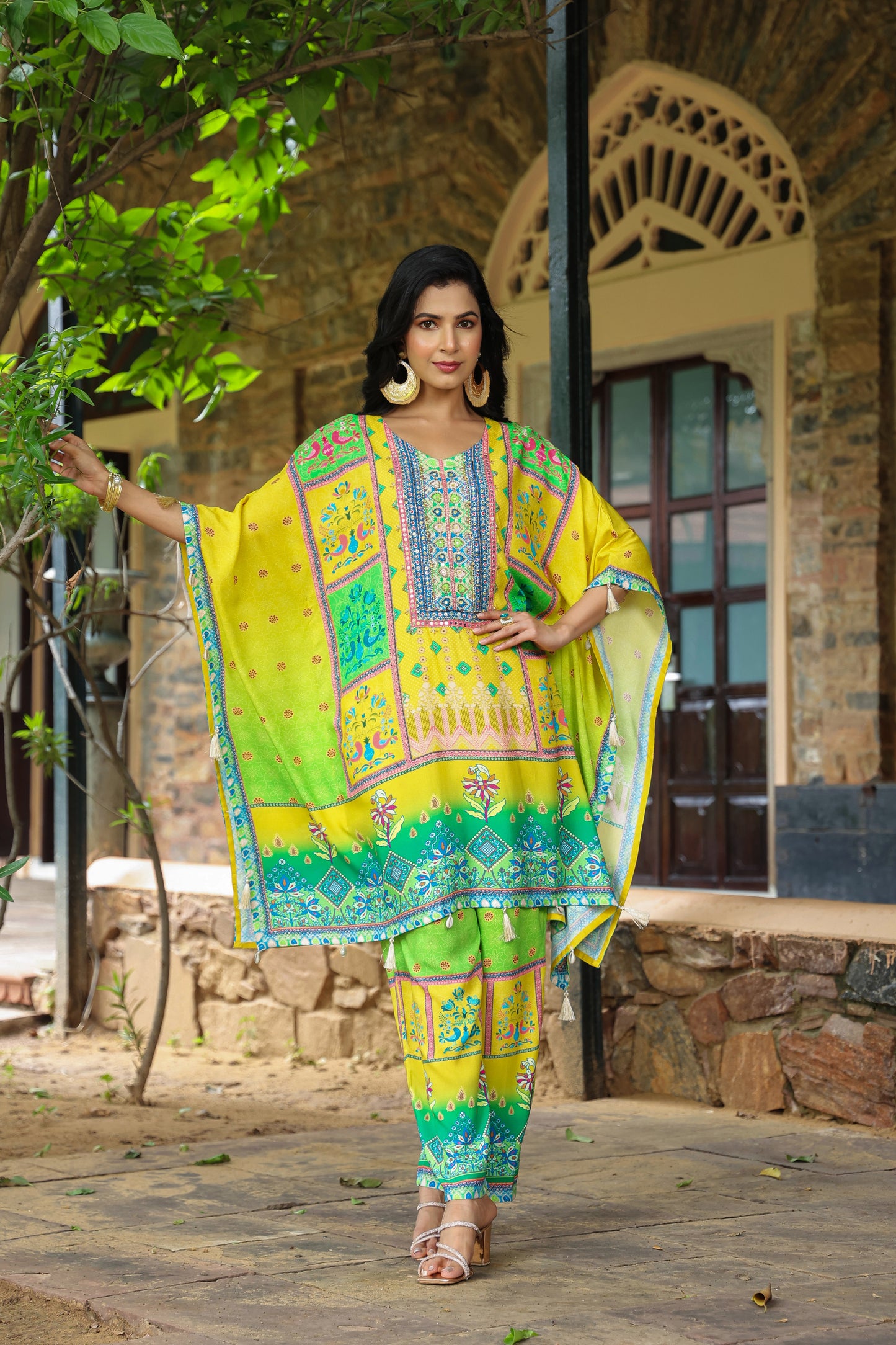 Yellow Green Digital Handwork Kaftan Set