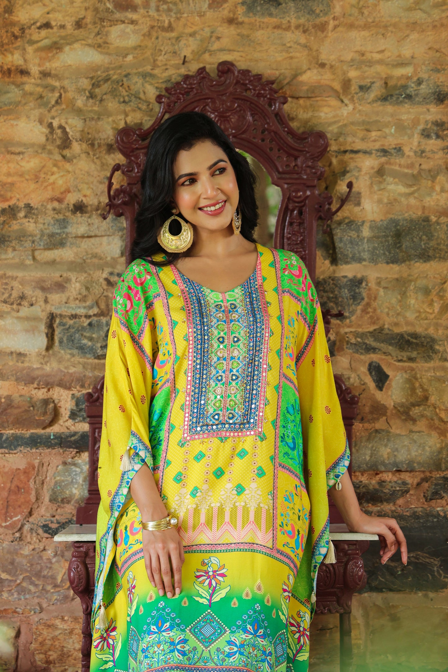 Yellow Green Digital Handwork Kaftan Set
