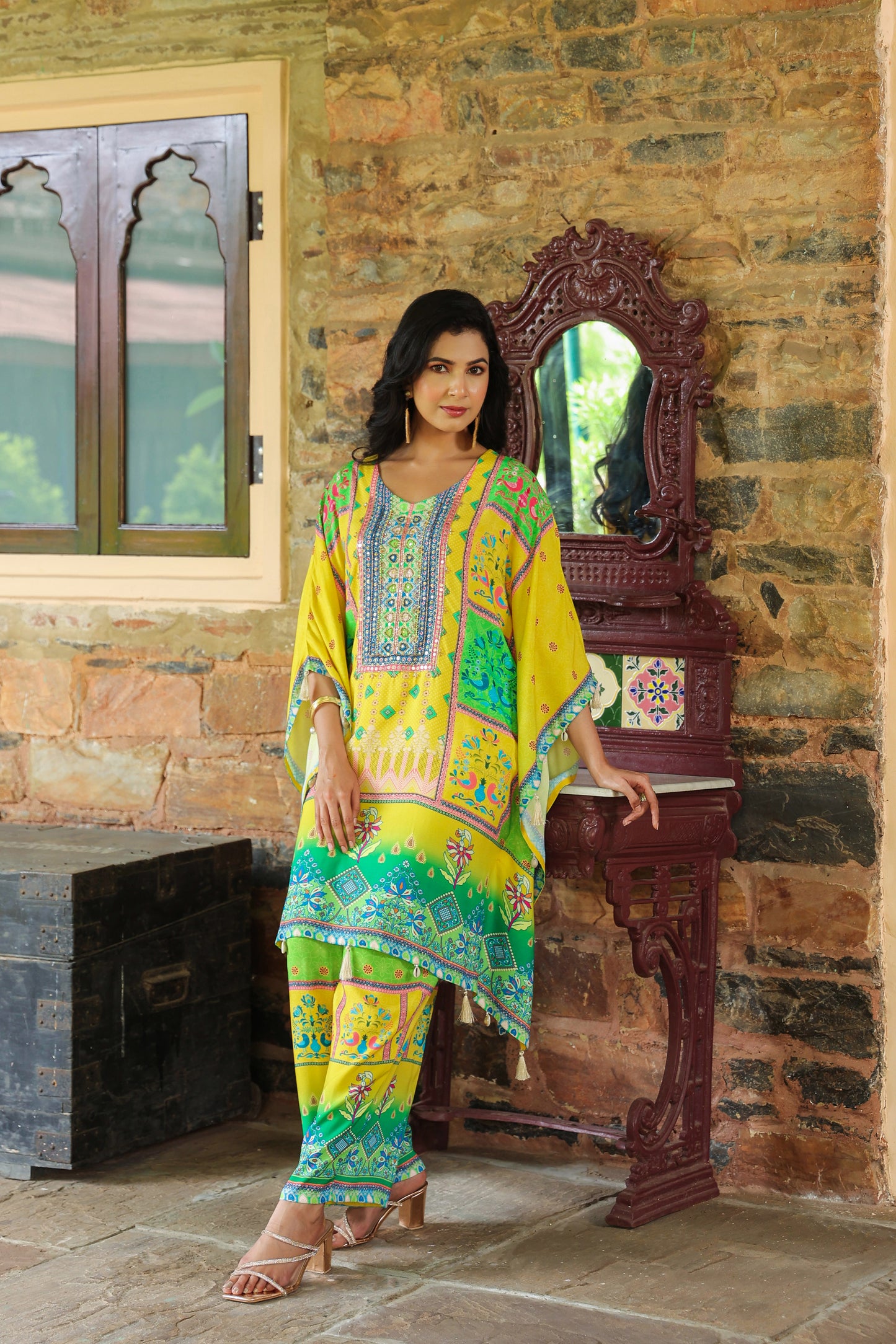 Yellow Green Digital Handwork Kaftan Set